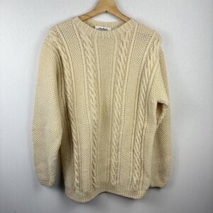 Ellen Tracy Chunky‎ Sweater Cream Womens Med 100% Wool VTG Fisherman Warm